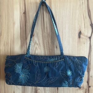 Navy Denim Shoulder Bag with Embroidered Palm Design‎